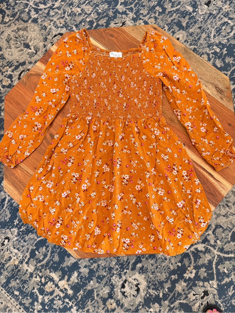 Children’s Place Girls' Mustard Floral Smocked Long-Sleeve Dress